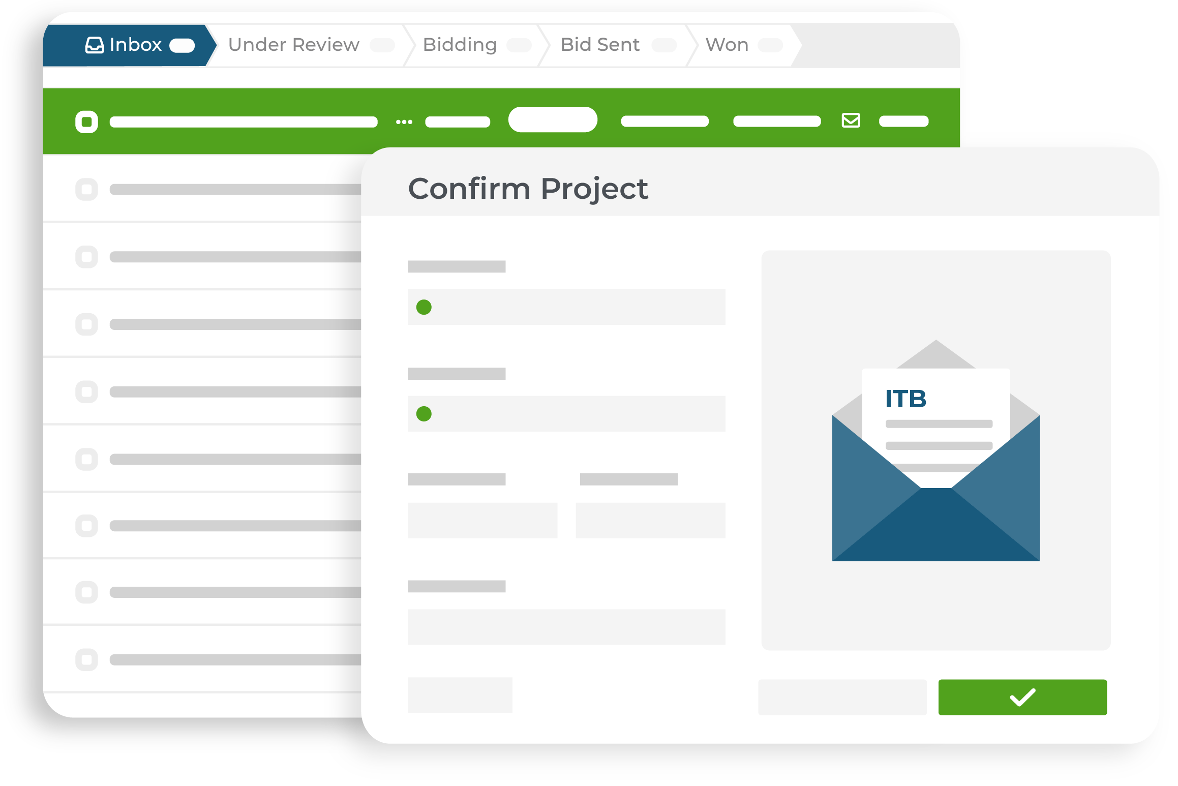 Bid pipeline dashboard displaying projects in inbox, with option to send new project to bid center directly from a bid invitation email for efficient project management.